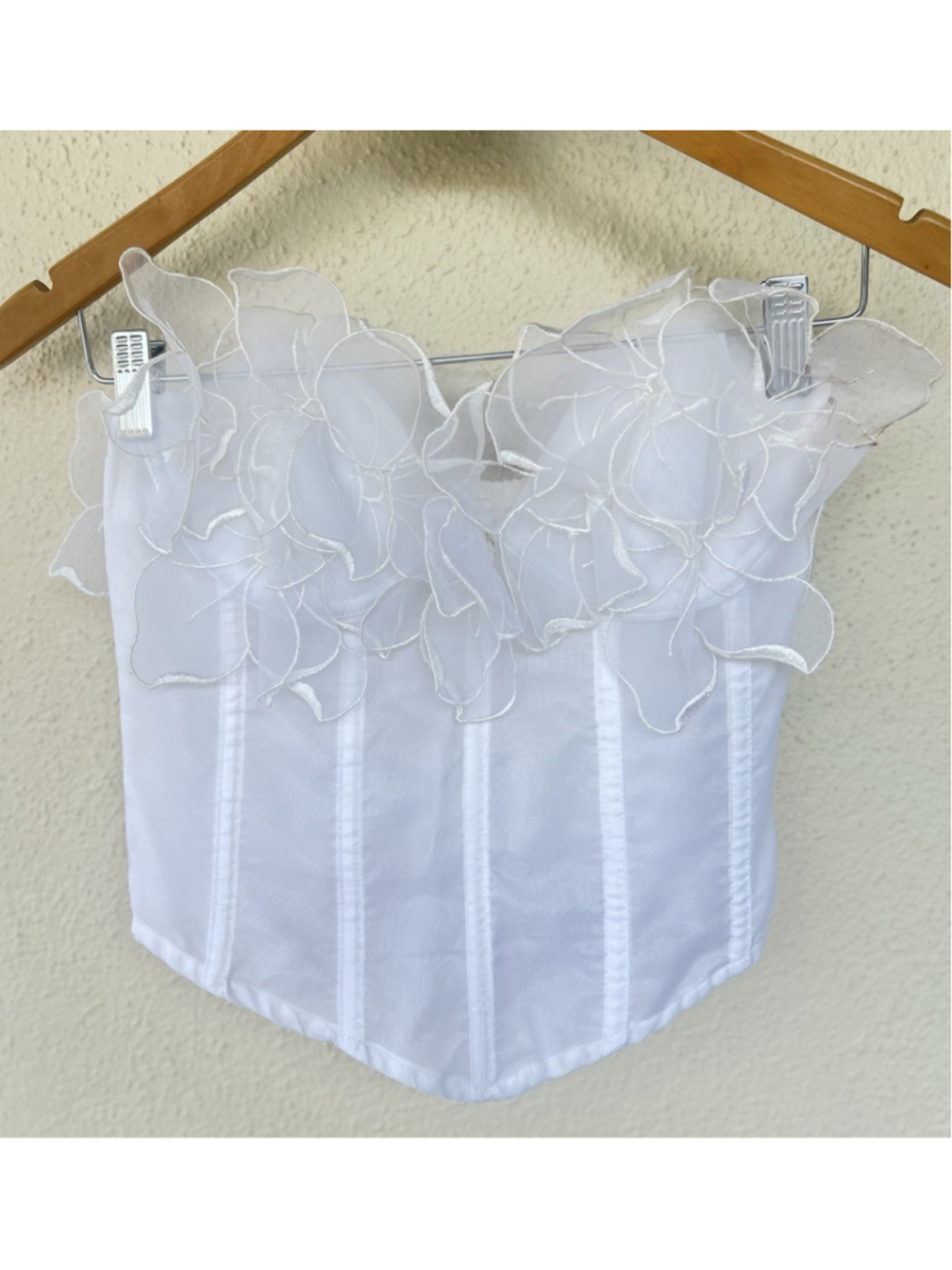 VTG White Organza Floral Applique Corset Bustier Top Boned 2XS Bridal Formal